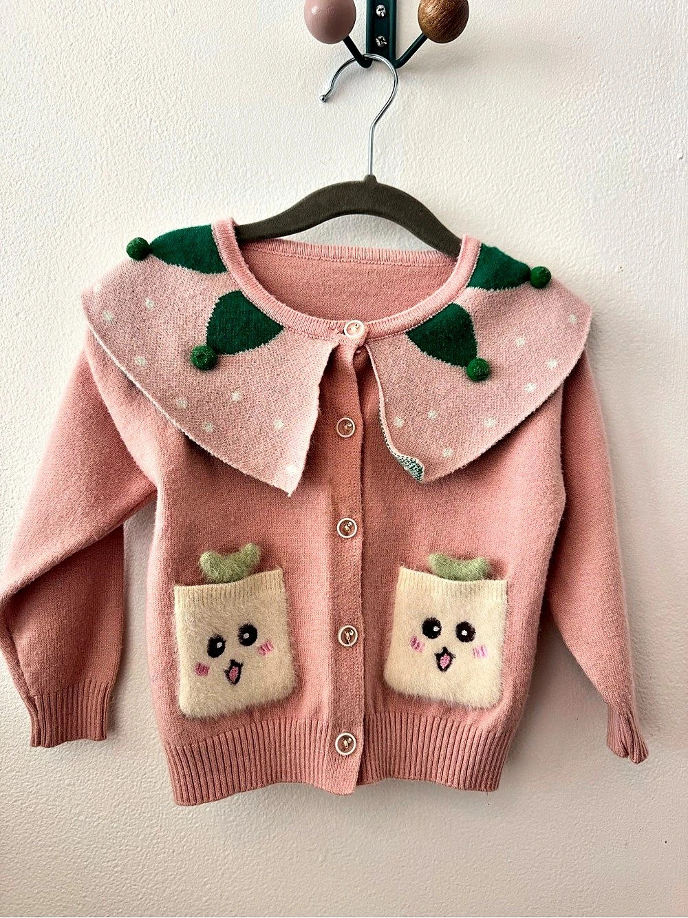 Girls’ soft knit pink and green cardigan